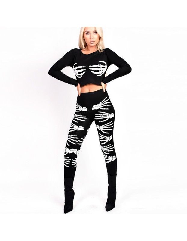 Autumn Sexy Skeleton Print Two Piece Sets for Women Halloween Party Cosplay Costume