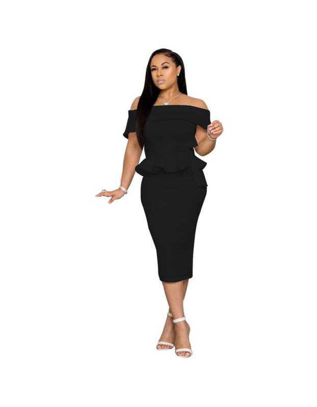 Sexy off shoulder ruffle women office dress M8402