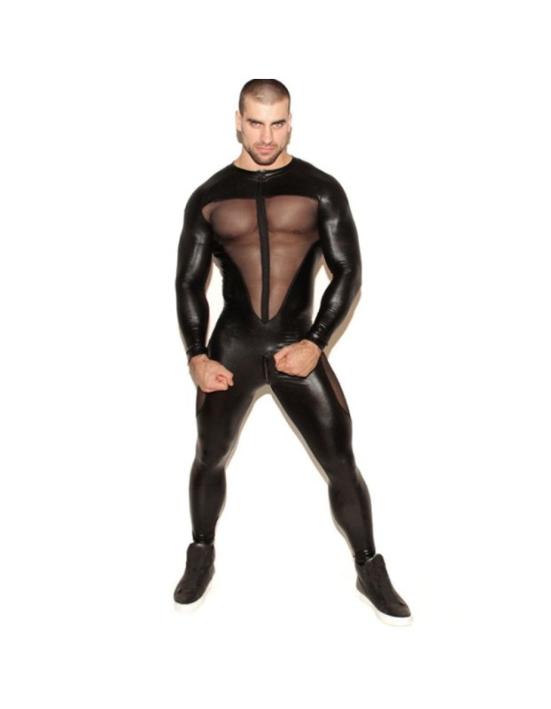Men's Sexy Mesh Patchwork PVC Leather Bodysuit N972