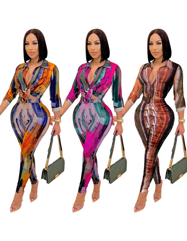 Digital Print Women  V-neck Long Sleeve Pants Casual Two Piece Set X5281
