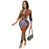 Digital Print Women  V-neck Long Sleeve Pants Casual Two Piece Set X5281
