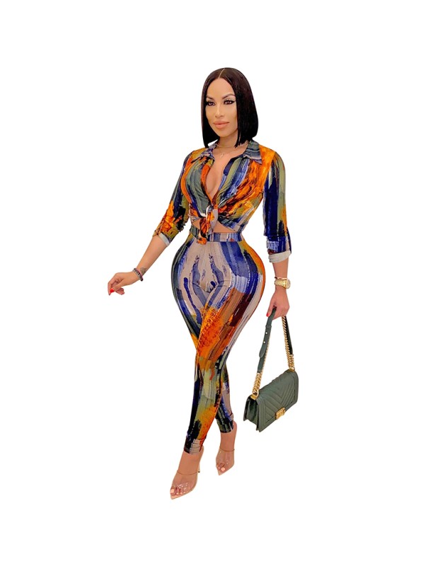 Digital Print Women  V-neck Long Sleeve Pants Casual Two Piece Set X5281