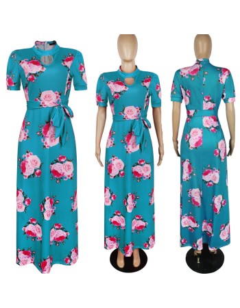 Casual Short Sleeve Long Boho Floral Print Maxi Dress M8410