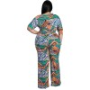 Plus Size Short Sleeved Printing Shoulder Two Piece Long Pants Set 8615