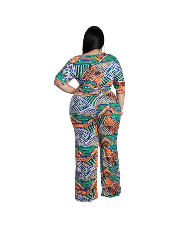 Plus Size Short Sleeved Printing Shoulder Two Piece Long Pants Set 8615