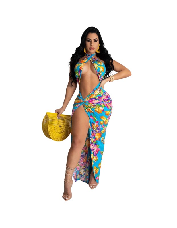 Casual Beach Split Fork Floral Print Backless Maxi Dress M8603