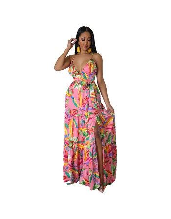 European And American Fashion Women's Print Halter Long Dress 9400