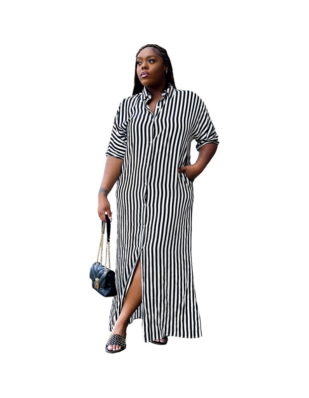 Fashion Striped Women's Shirt Long Casual Dress 9414