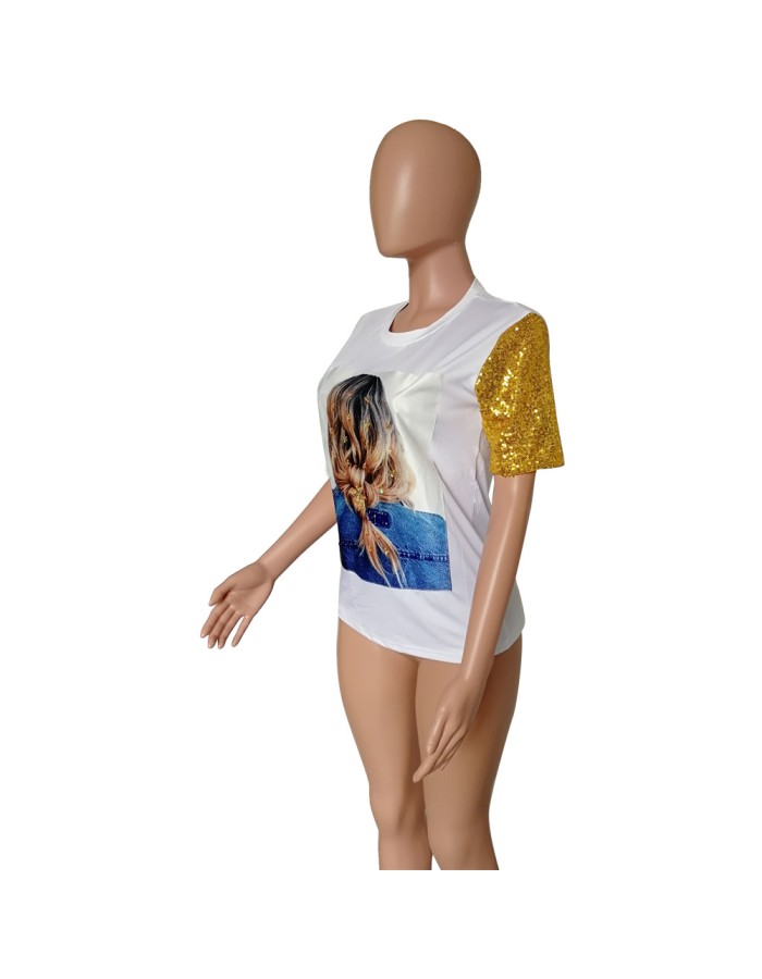 Women Tops Summer Short Sleeve Sequins T-Shirts M8443