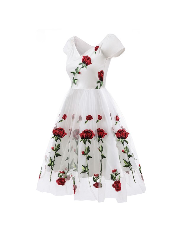 White And Black Mesh Sexy Transparent Rose Elegant Women Evening Print Dresses CD1609