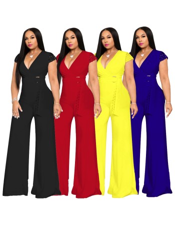 Deep V Neck Casual Solid Wide Leg Jumpsuit m8429