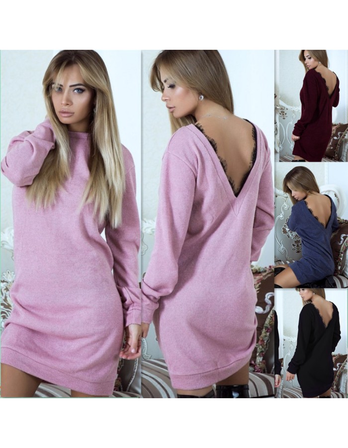 Women Long Sleeve Backless V Neck Lace Patchwork Sweater Dress M30413