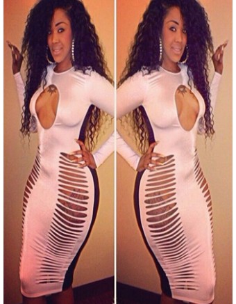 New Arrival Sexy Hollow Out Long Sleeves Bodycon Bnadage Midi Dress M3833