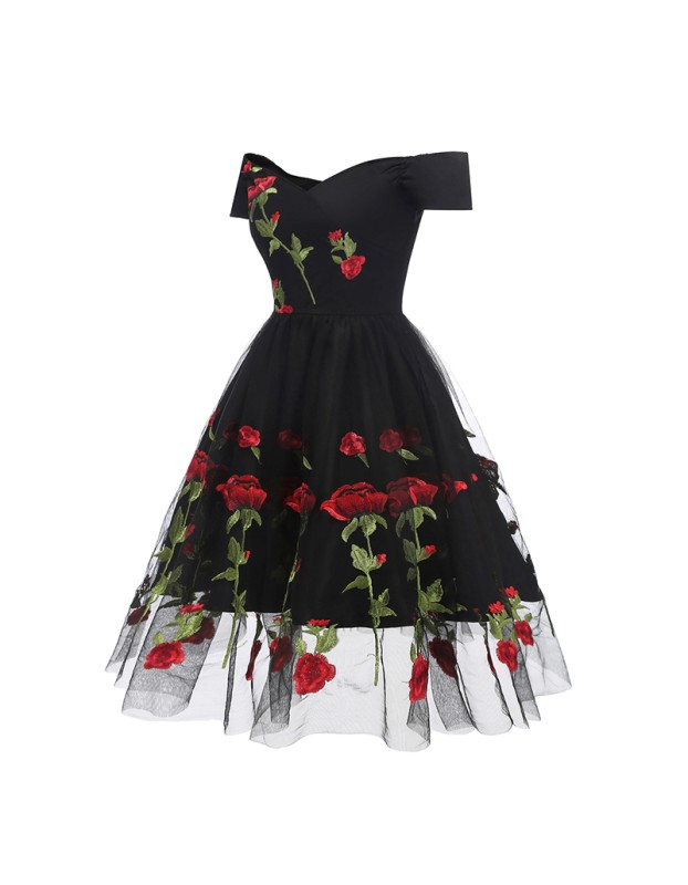 White And Black Mesh Sexy Transparent Rose Elegant Women Evening Print Dresses CD1609