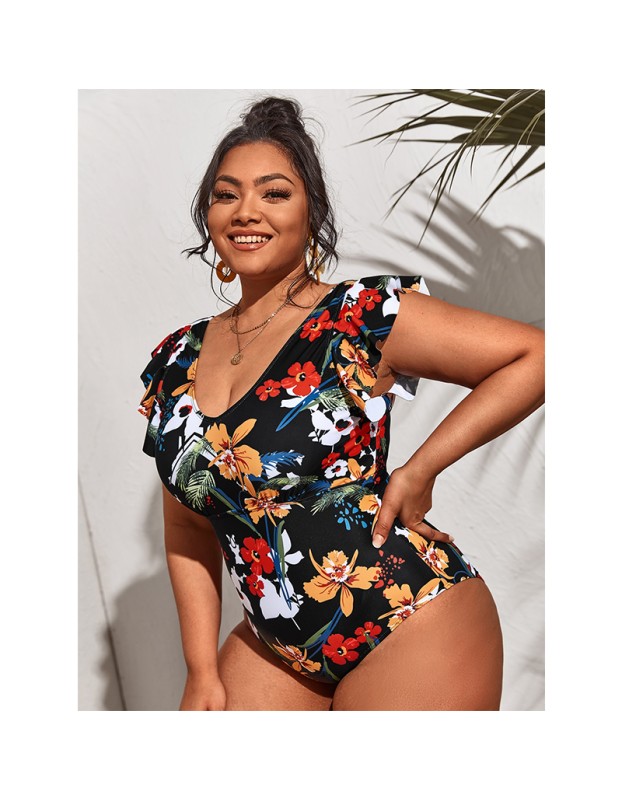Print Bikini One Piece Swimsuit Plus Size Women Short Sleeve Swimsuit 387