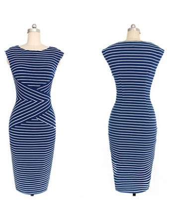 Adult Women Midi Stripe Pattern OL Tight Dress M30207