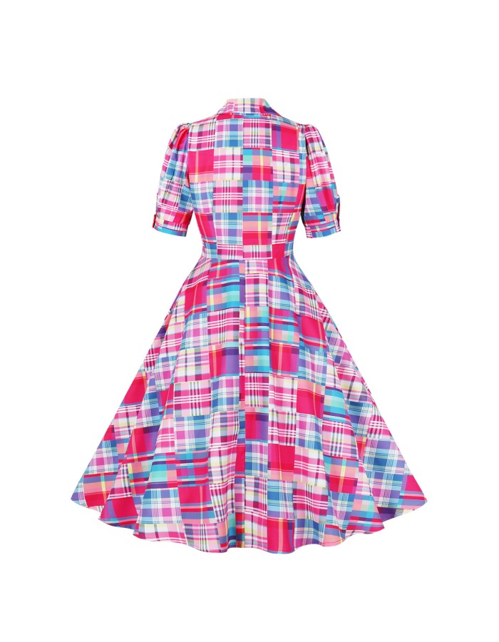 Women Elegant Casual Plaid Printed Vintage Pinup Rockabilly Hepburn Swing Dress M5167