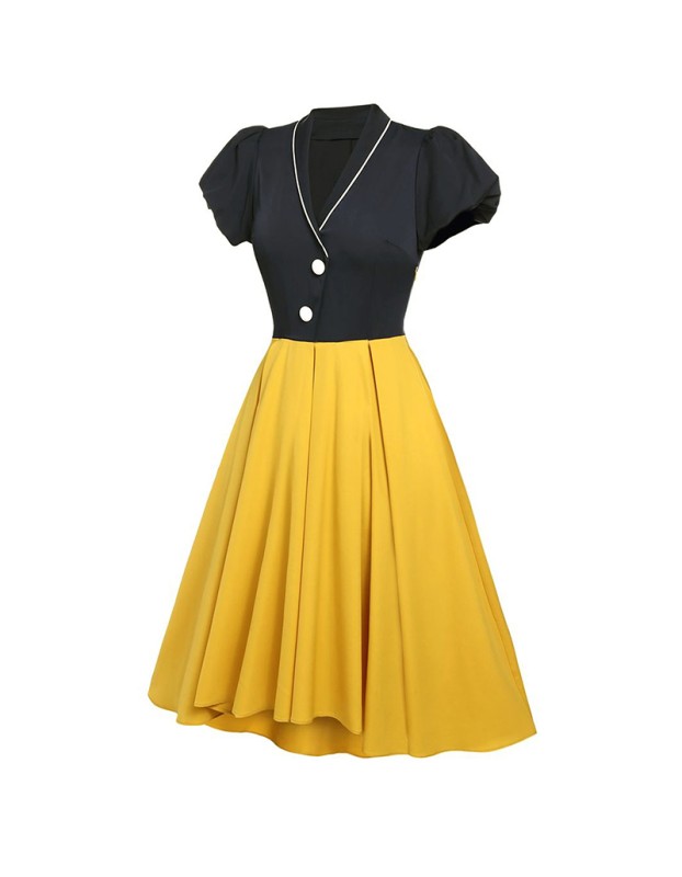 Contrast Color Christmas Formal Dovetail V-neck Puff Sleeves Dress CD1789