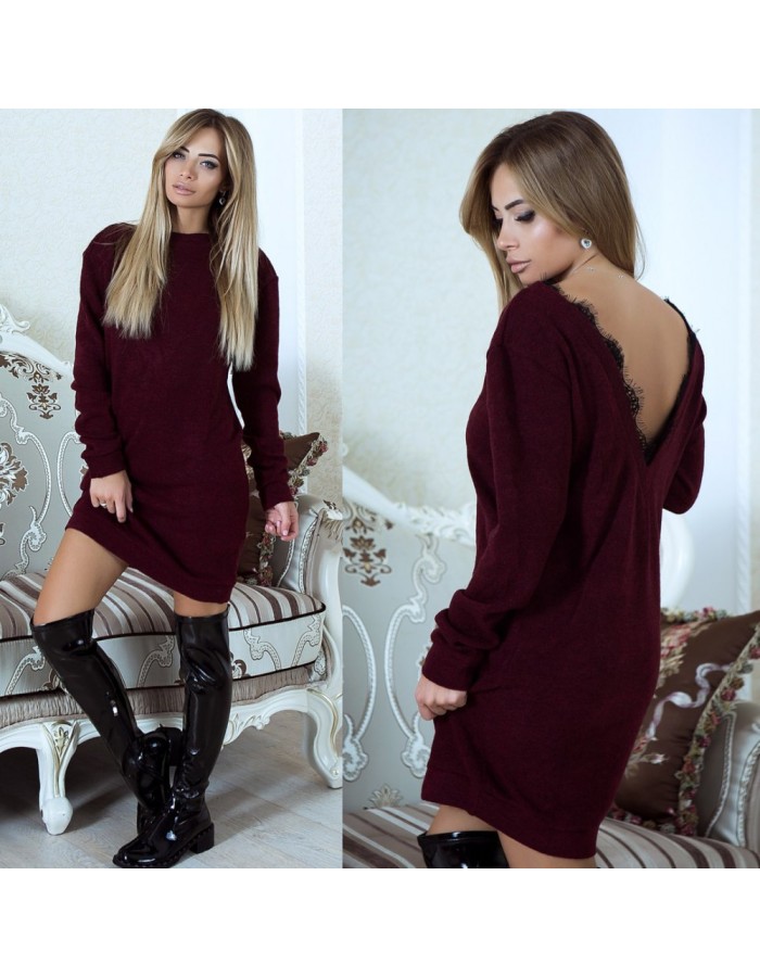 Women Long Sleeve Backless V Neck Lace Patchwork Sweater Dress M30413