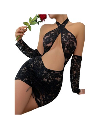 Women Sexy Lace Lingerie Halter Lace See-through Pajamas Dress YSF789
