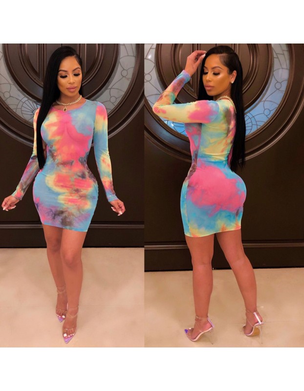 Women O Neck Long Sleeve Bandage Bodycon Mesh Dress M8359