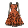 Gothic Mesh Long Sleeves Lace Retro Black Rose Drawing Halloween Dress M5150