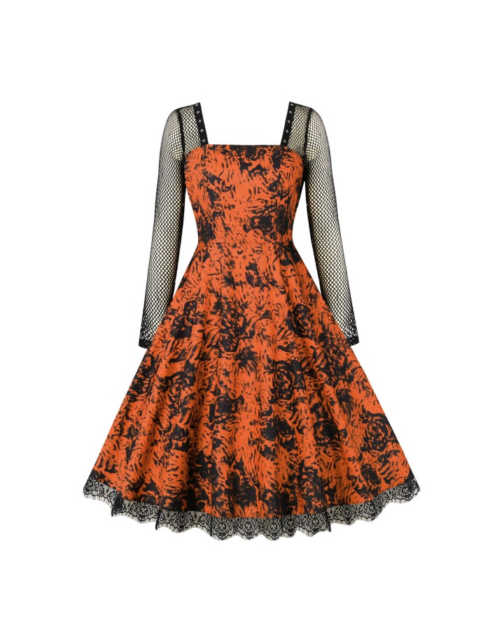 Gothic Mesh Long Sleeves Lace Retro Black Rose Drawing Halloween Dress M5150