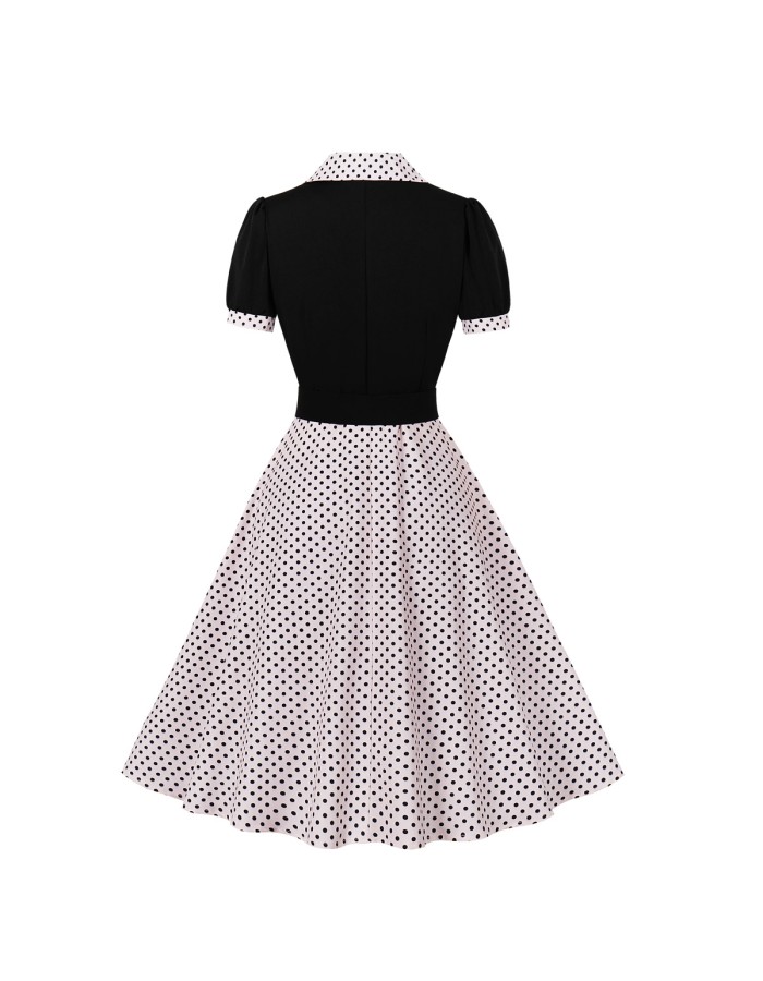 Women's 50s 60s Vintage Polka Dot Print Pin Up Rockabilly Dress With Belt M5173