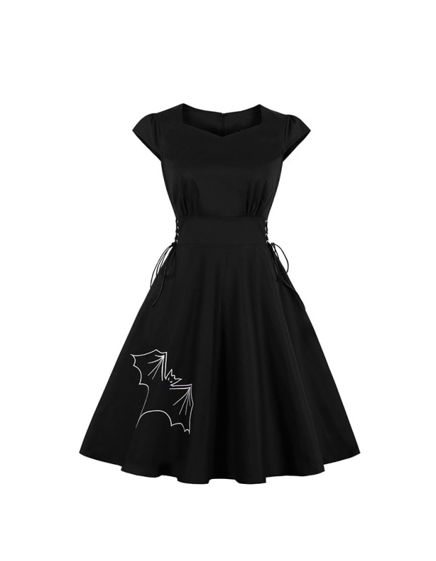 2023 Hepburn Style Embroidery Halloween Big Swing Crew-neck Vintage Dress 1986
