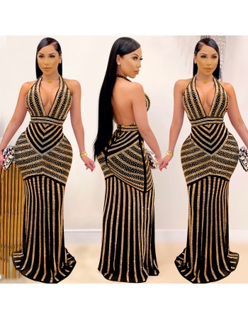Sexy Deep V Backless Sequin Evening Ironed Drill See Through Long Party Dress X3816