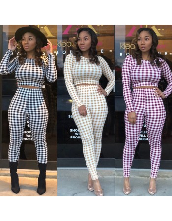 Plaid long sleeve crop top two pieces sets
