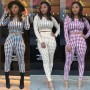 Plaid long sleeve crop top two pieces sets