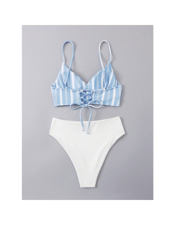 Women Blue White Wtriped Bikini Split Body Strap Swimsuit A2208