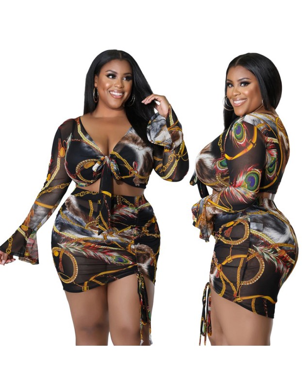 Women Printed Long Sleeved Hip Sexy Drawstring Dress Two Piece Set 8618