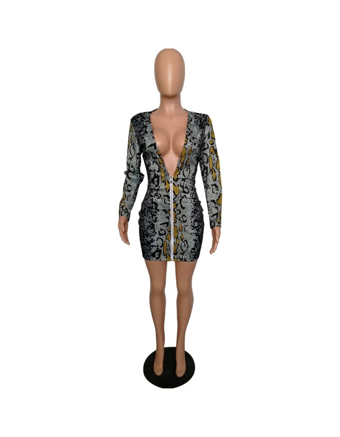 Long Sleeve Snake Print Women Sexy Bodycon Dresses m8337