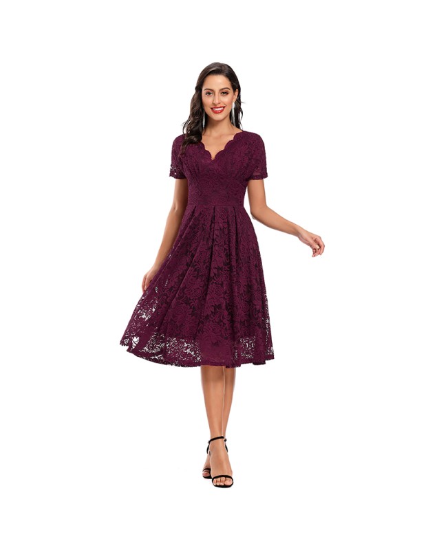 V-neck Midlength Lace Wedding Party With A Full Swing Dinner Dress CD1784