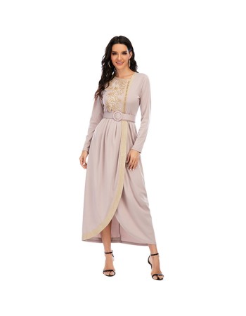 Long Skirt Floral Casual Summer With Belt Dinner Gown Evening Dresses Ladies 21413