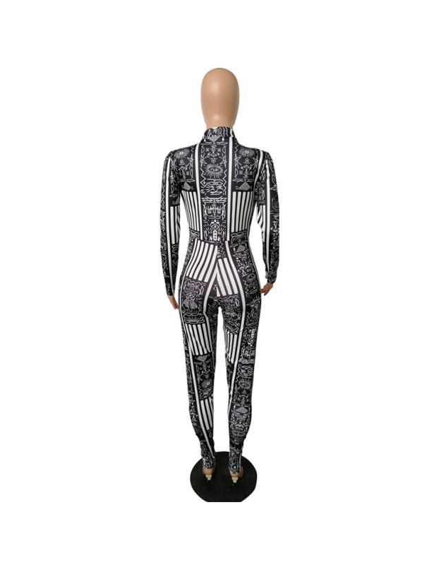 Autumn Long Sleeve Elasticity Skinny Print Vintage Jumpsuit M8486