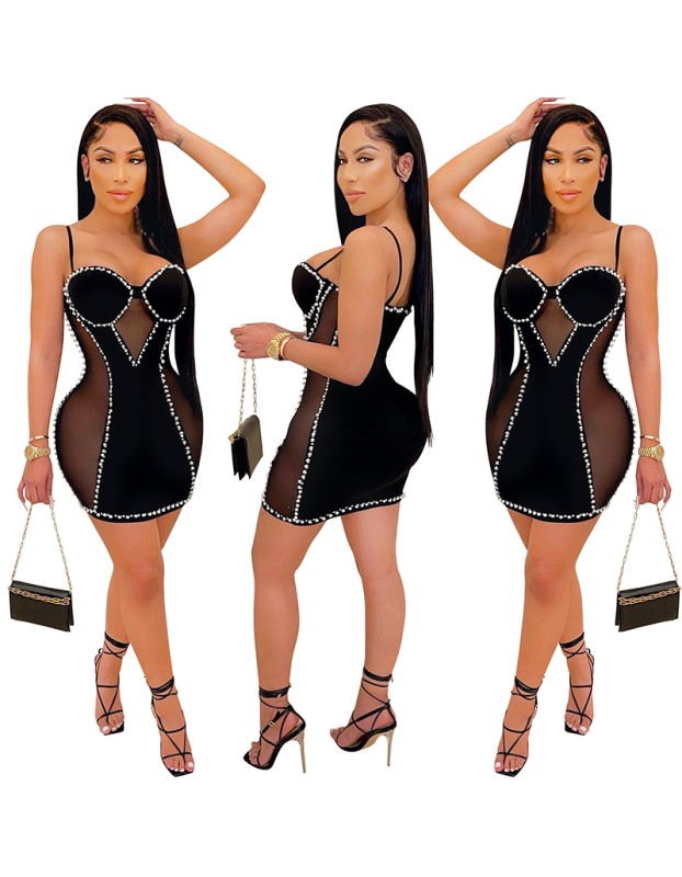 Package Hip Club Small Sling Bag Sexy Mesh One Piece Dress Women Party X5047