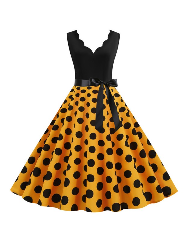 Burnt Polka Print Dot Office Wear Sleeveless V-neck White Dress JY14721