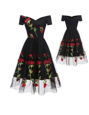 Vintage Black Dress with Red Roses M30411