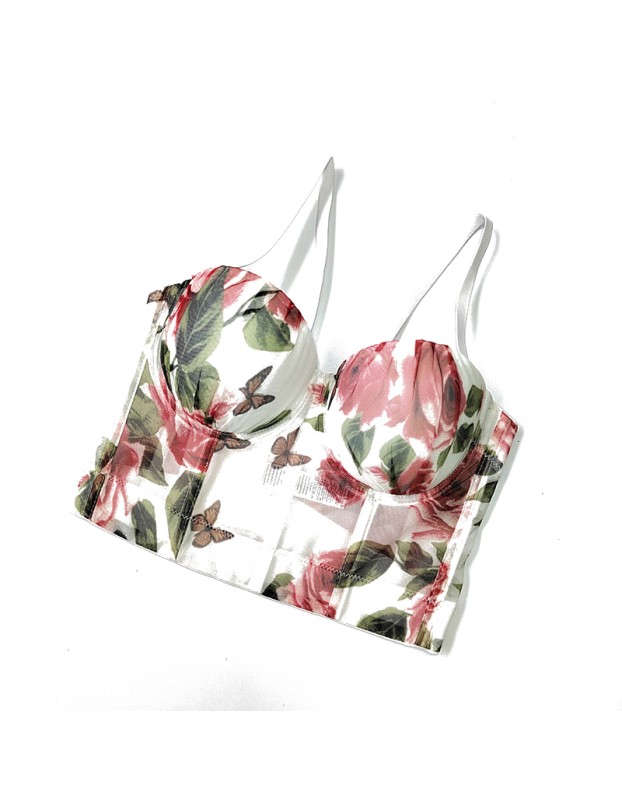 Body Shaping Rose Print Chest Mesh Corset Short Backless Pleated Underwear KN8467