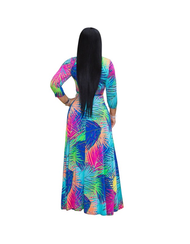 Summer Sexy V Neck Green Palm Leaf Print Holiday Maxi Dress m8408