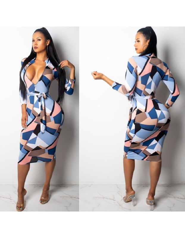 Women's sexy deep V neck long-sleeved dress M8272
