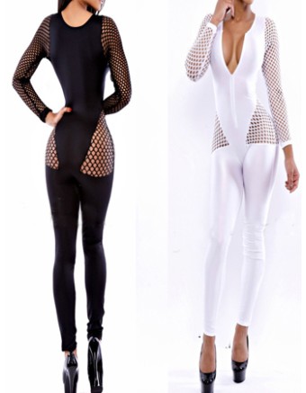 Black And White Holey Long Sleeves Bandage Bodycon Jumpsuit M3801