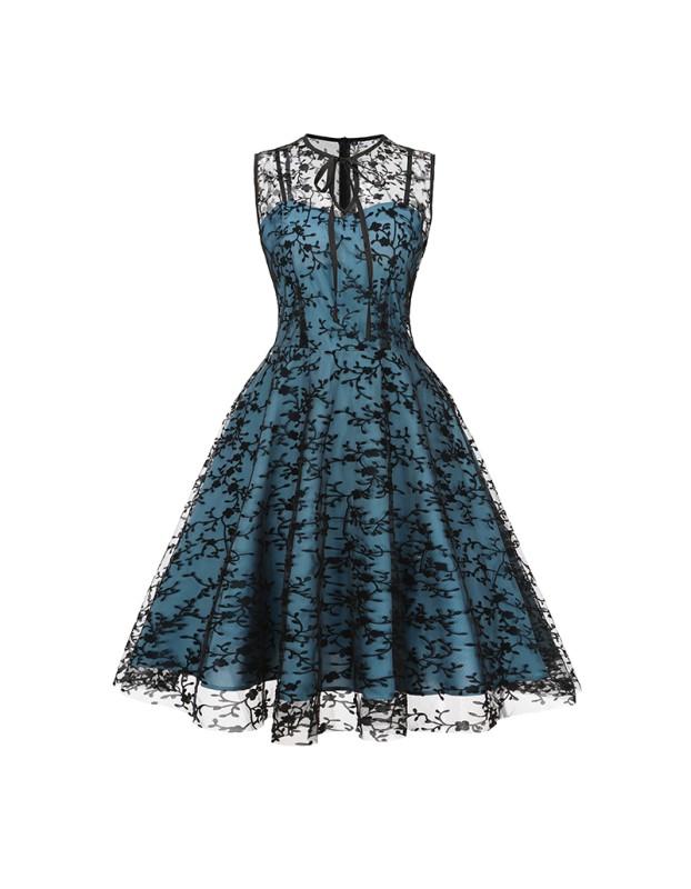 Women Gauze Embroidery Waist Sleeveless Lolita Court Swing Midlength Dress 5122