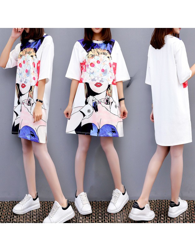 Casual Loose Cartoon Printed T Shirt Dress M8369