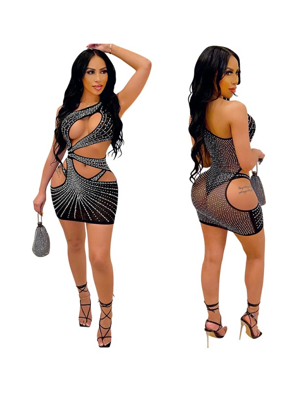 One Shoulder Skirt Evening Sexy Mesh Cut Out Dresses X5283