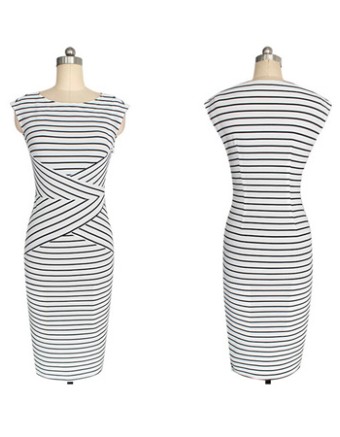 Adult Women Midi Stripe Pattern OL Tight Dress M30207