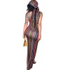 High Stretch Sexy Striped Bodycon Dress With Head Scarf M8288